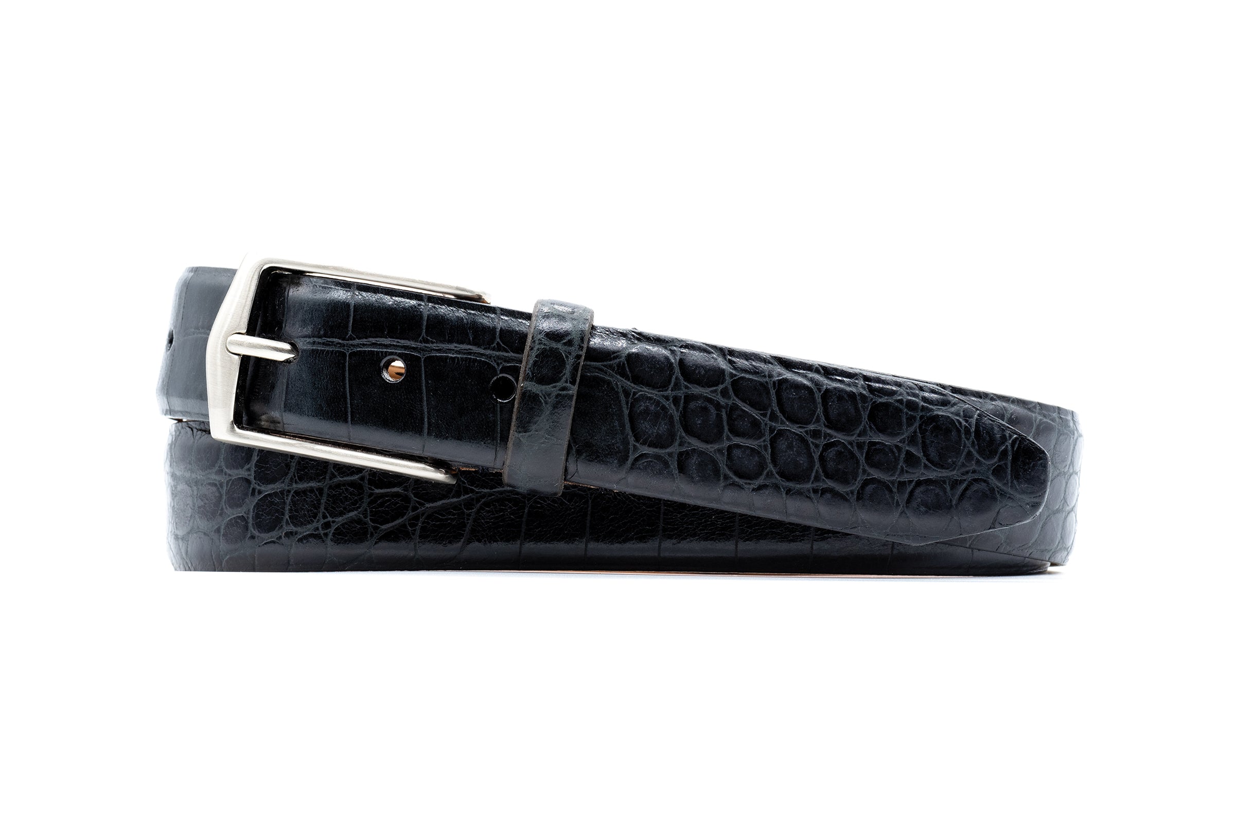 William 2 Buckle Alligator Grain Italian Calf Leather Belt - Black