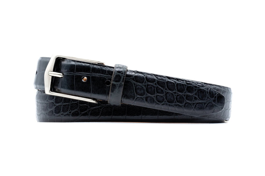 William 2 Buckle Hand Finished Alligator Grain Italian Calf Leather Belt - Black
