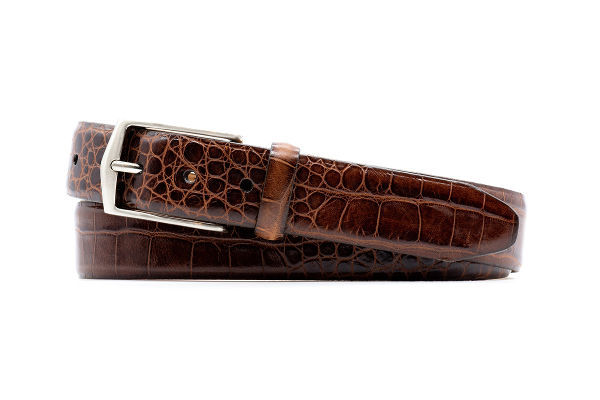 William 2 Buckle Alligator Grain Italian Calf Leather Belt - Brown