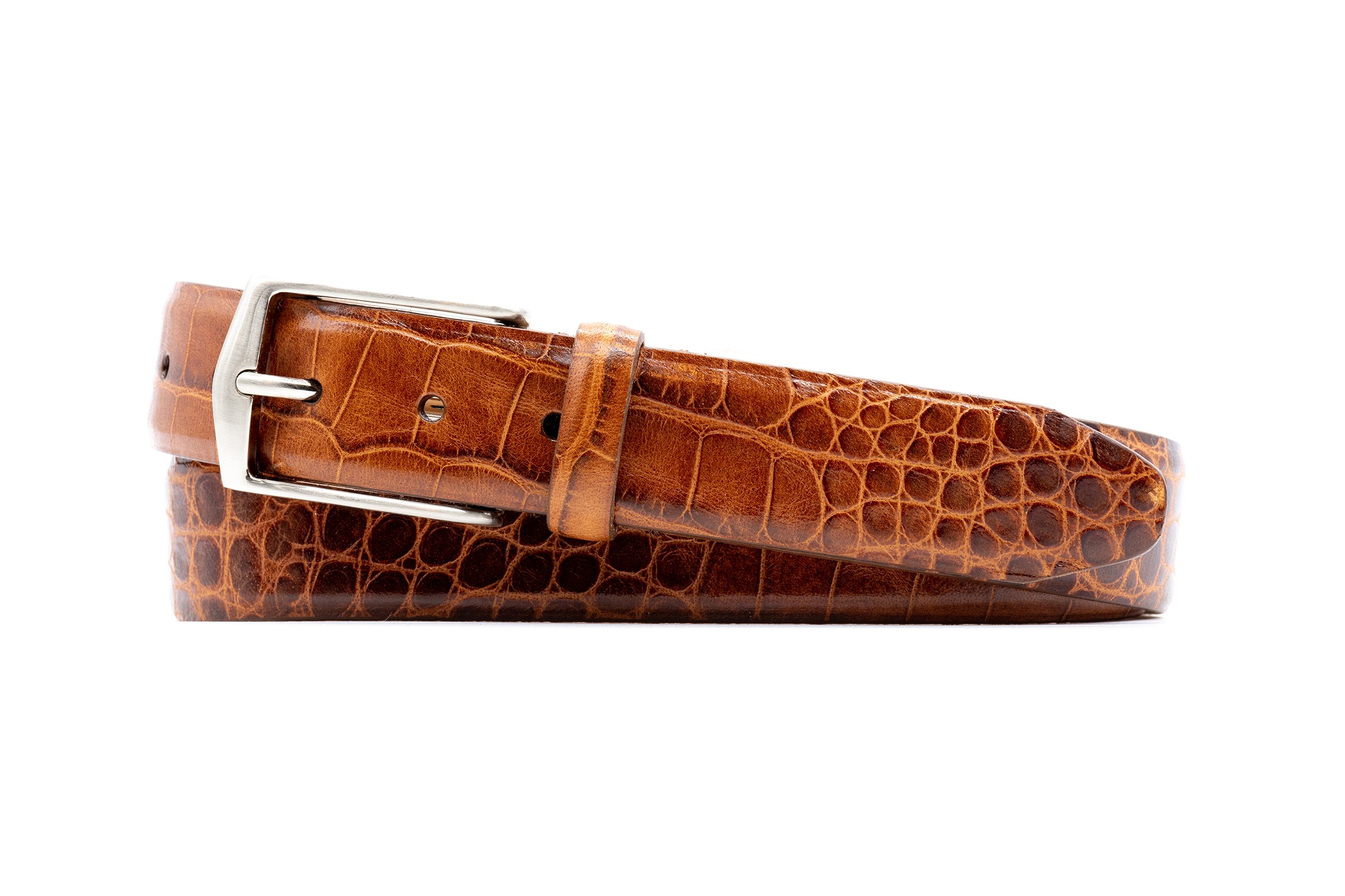 William 2 Buckle Alligator Grain Italian Calf Leather Belt - Chestnut