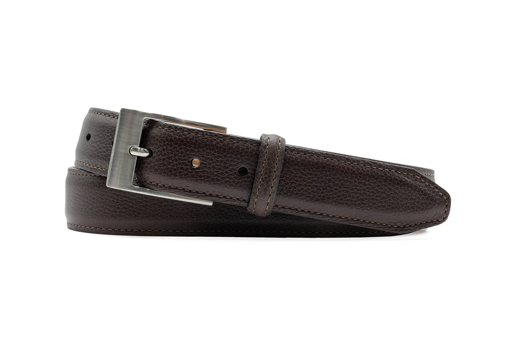 Delaney 2 Buckle Scotch Grain Belt - Dark Brown with buckle that has a brushed nickel finish.