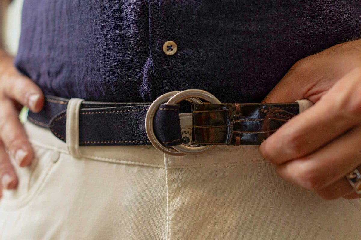 Harrison O-Ring Italian Calf Suede Belt - Navy | Martin Dingman