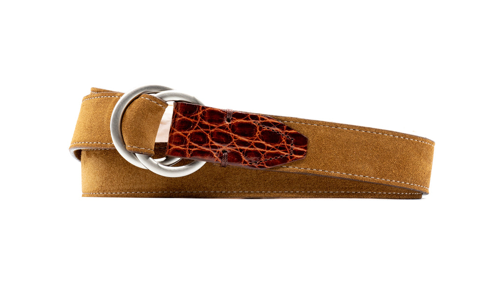 Harrison O-Ring Italian Calf Suede Belt - Tobacco with Genuine American Alligator Trim