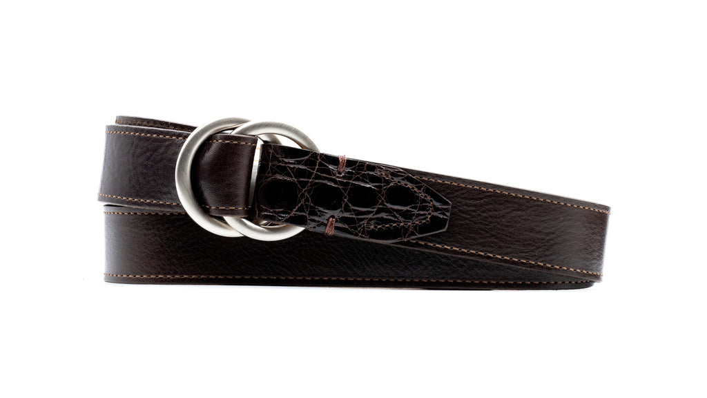Harrison O-Ring Italian Calf Leather Belt - Walnut with Genuine American Alligator Trim