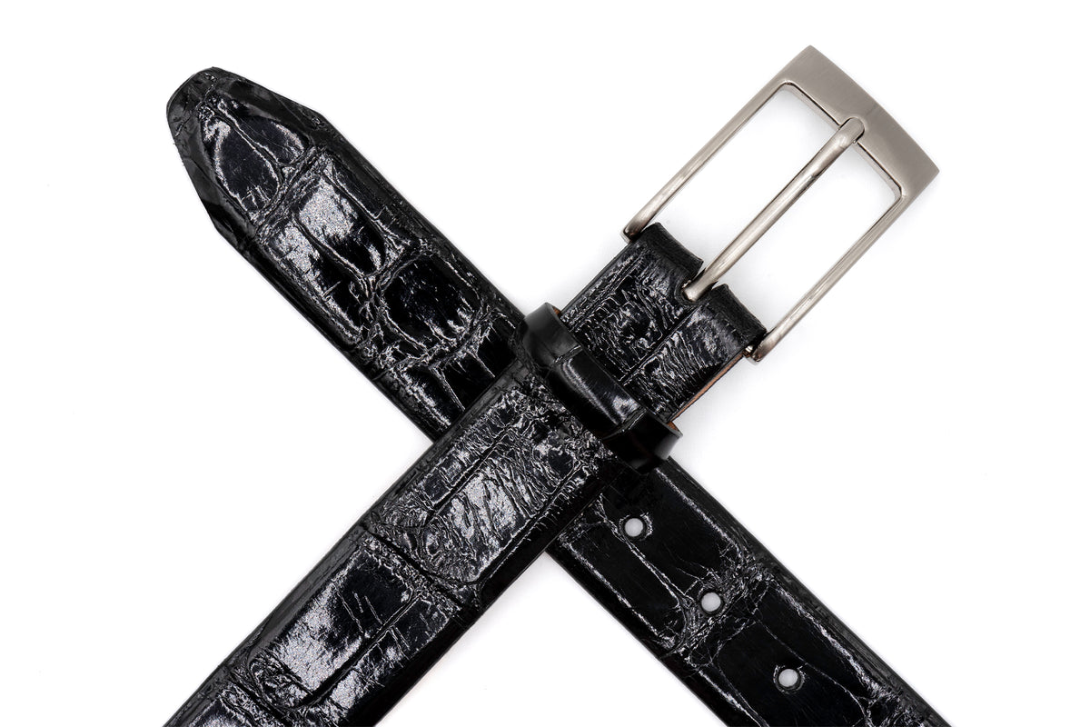 邦楽 MANDYLION: Keather Jefferson 2 Buckle American Alligator Belt - Black | Martin Dingman