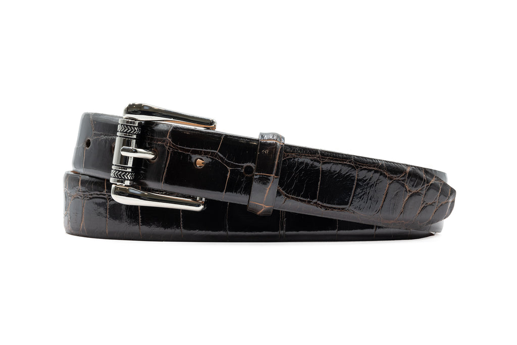Jefferson 2 Buckle Glazed Genuine American Alligator Belt - Walnut with brushed nickel finish roller buckle