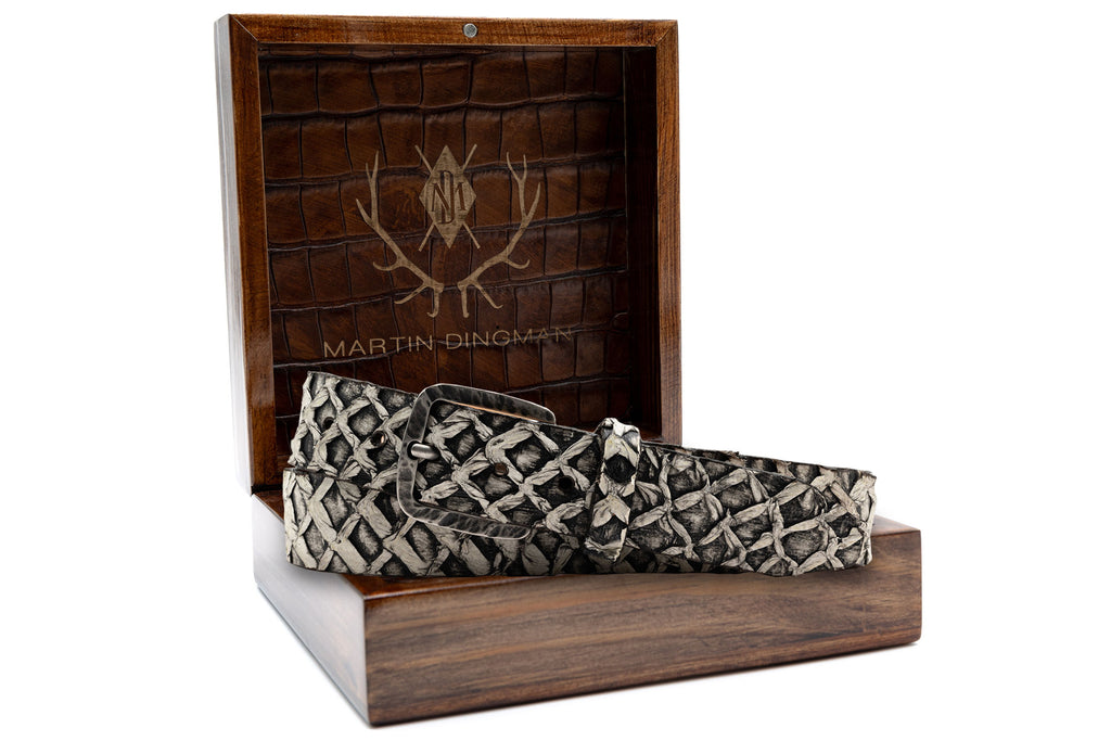 Genuine Amazonian Arapaima Belt - Ash in front of Martin Dingman Solid Wood Display Box