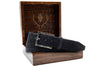 Nubuck Genuine American Alligator Belt - Black in front of Martin Dingman Solid Wood Display Box
