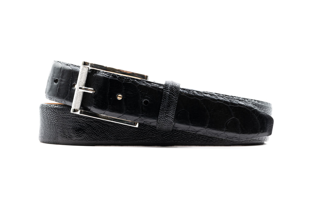 Genuine South African Ostrich Leg Leather Belt - Black Glazed