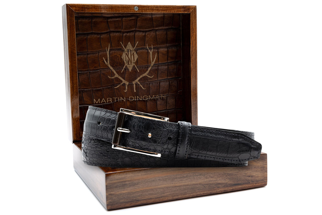 Matte Genuine American Alligator Belt - Black in front of Martin Dingman Solid Wood Display Box