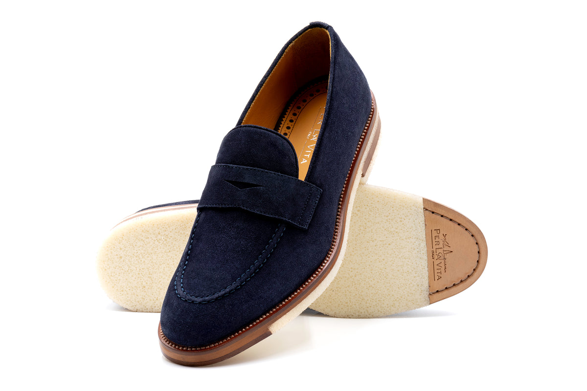 Tuscan Italian Suede Penny Loafers - Marinho | Martin Dingman