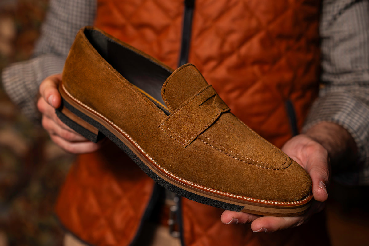 Tuscan Italian Suede Penny Loafers - Tobacco | Martin Dingman
