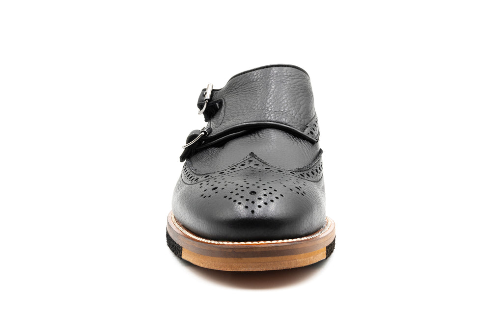 Tuscan Italian Pebble Grain Calf Leather Double Monk - Black - Front
