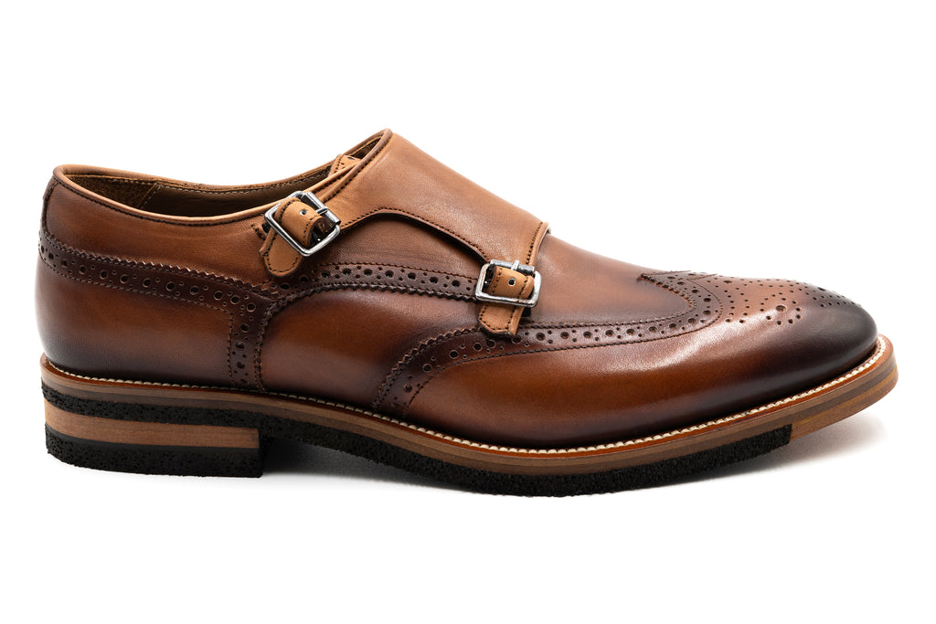 Tuscan Hand Finished Italian Calf Leather Double Monk - Whiskey - Side