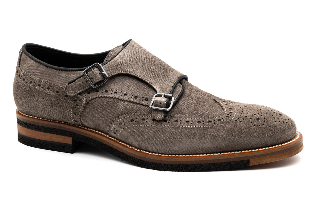Tuscan Italian Calf Suede Leather Double Monk - Stone