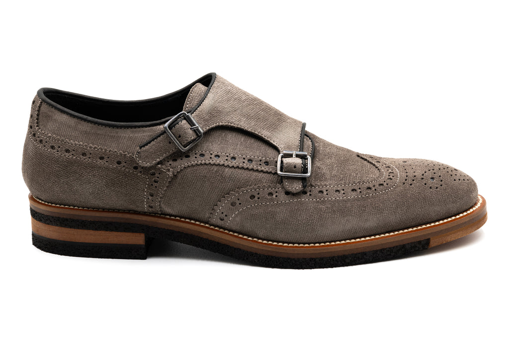 Tuscan Italian Calf Suede Leather Double Monk - Stone - Side