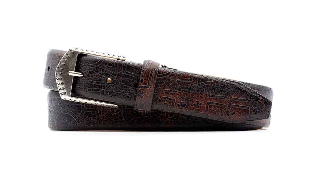 Aztec Design Italian Saddle Leather Belt - Blackened Chestnut with Antique Pewter Finish and Black Stone Inlay