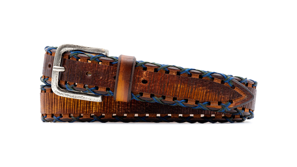 Artisan Laser Etched Italian Bridle Leather Belt - Tan Camo with Hand Laced "X" Stitch Detail