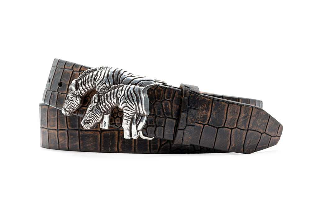 Kenya Guide "Zebra Plaque" Alligator Grain Belt - Blackened Oak