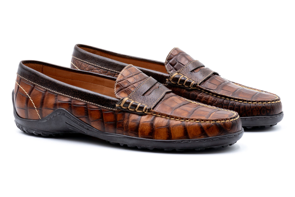 Bill Alligator Grain Penny Loafers - Chestnut | Martin Dingman