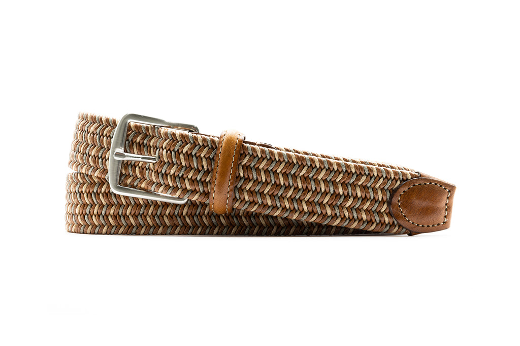 Savannah Italian Leather and Linen Elastic Braided Belt - Saddle Multi