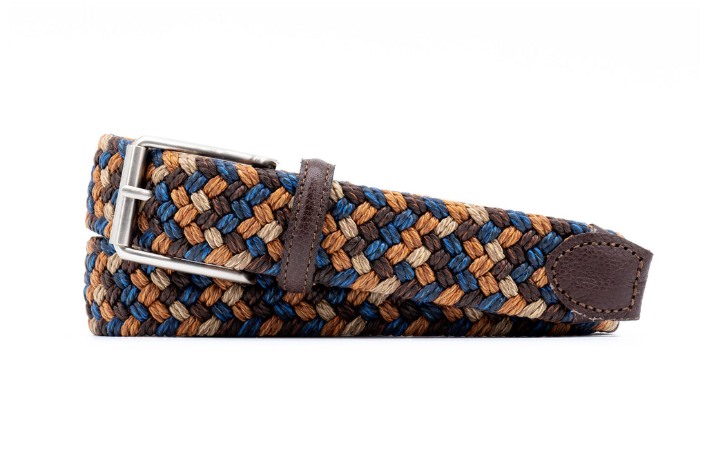 Como Braided Italian Linen and Elastic Belt - Blue Multi with Bridle Leather Trim