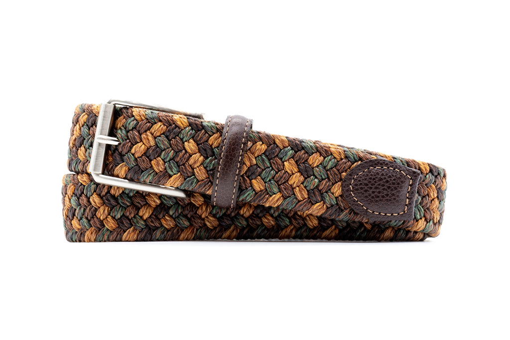Como Braided Italian Linen and Elastic Belt - Pine/Multi with Bridle Leather Trim