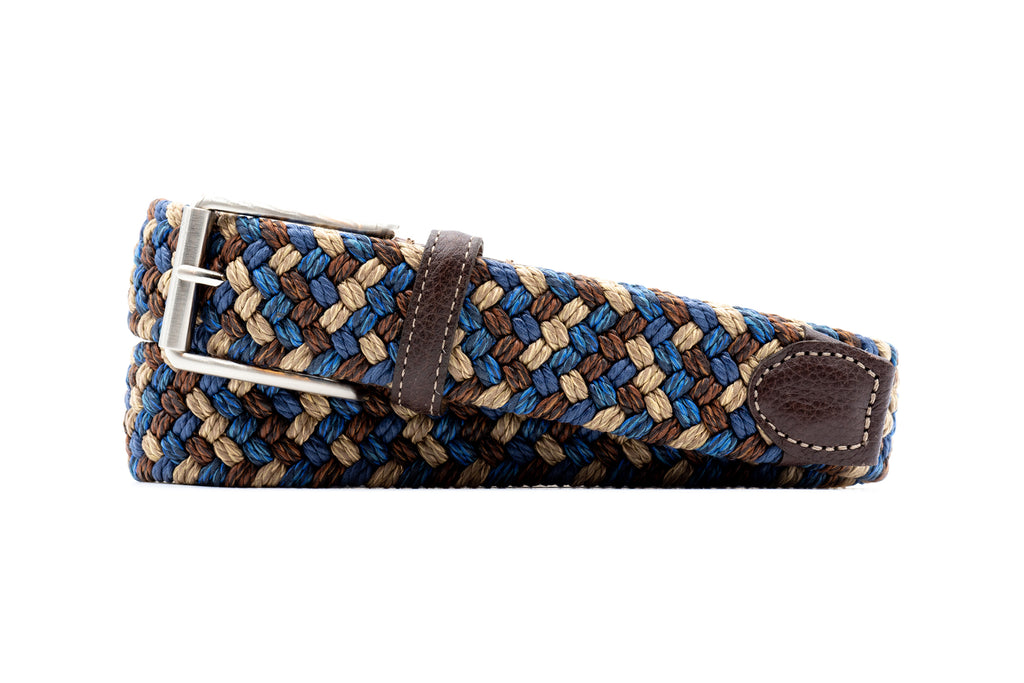 Como Braided Italian Linen and Elastic Belt - Blue/Multi with Bridle Leather Trim