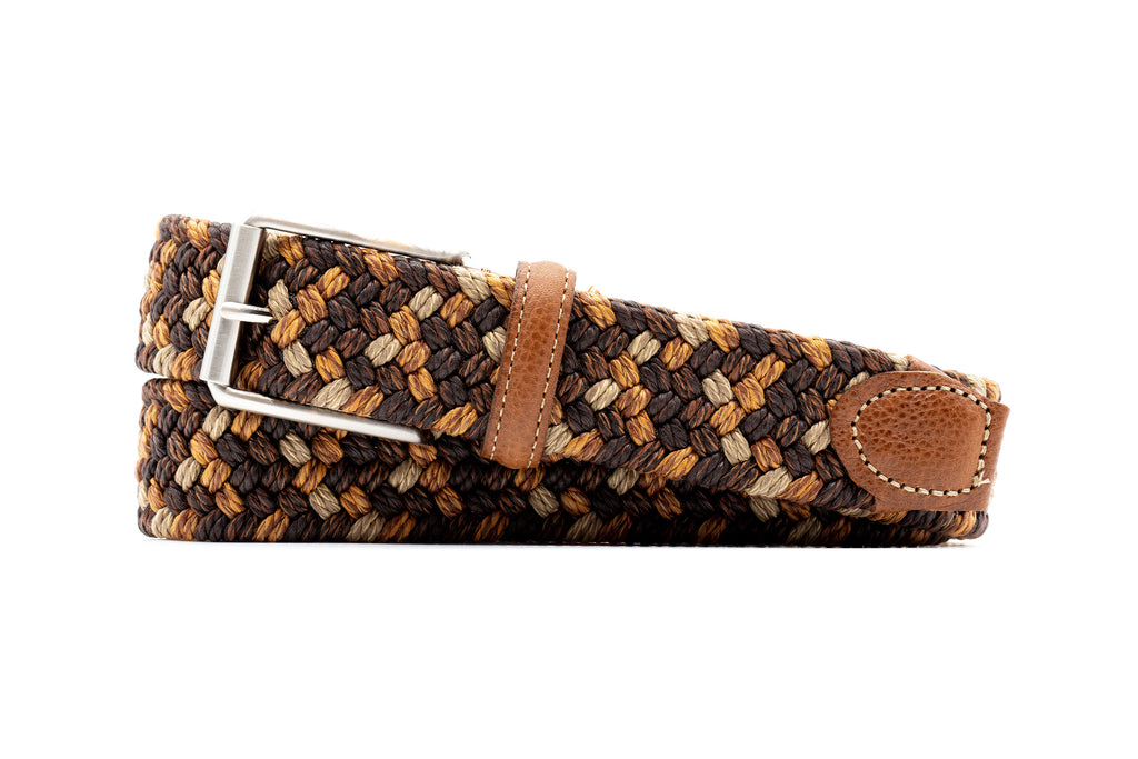 Como Braided Italian Linen and Elastic Belt - Acorn/Multi with Bridle Leather Trim