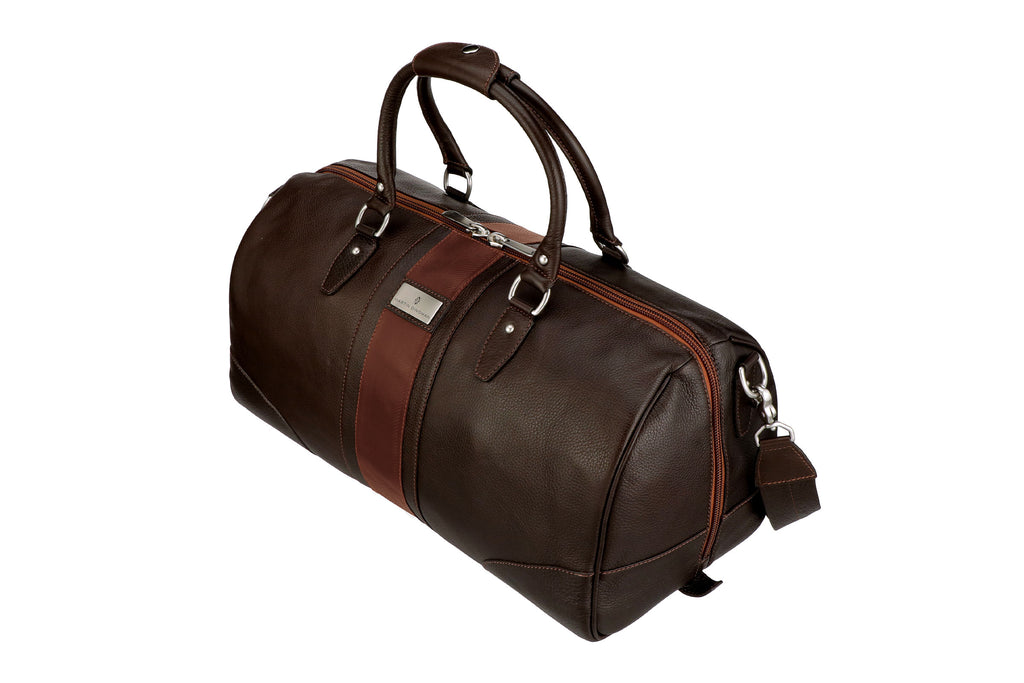 Front Side View of Rudyard Tumbled Saddle Leather Polocrosse Duffel - Chocolate