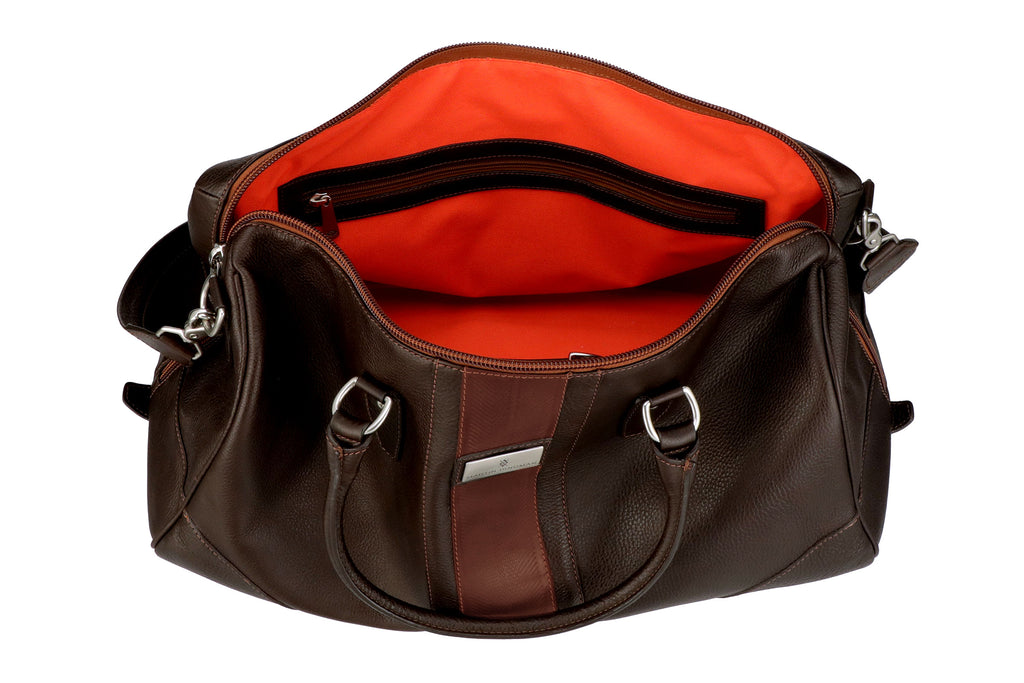 Front View of Open Rudyard Tumbled Saddle Leather Polocrosse Duffel - Chocolate featuring Signature Orange Cotton Twill Lining