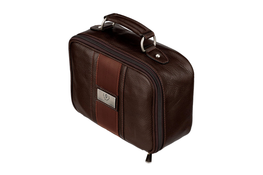 Front side view of Rudyard Tumbled Saddle Leather Journey Shave Case - Chocolate