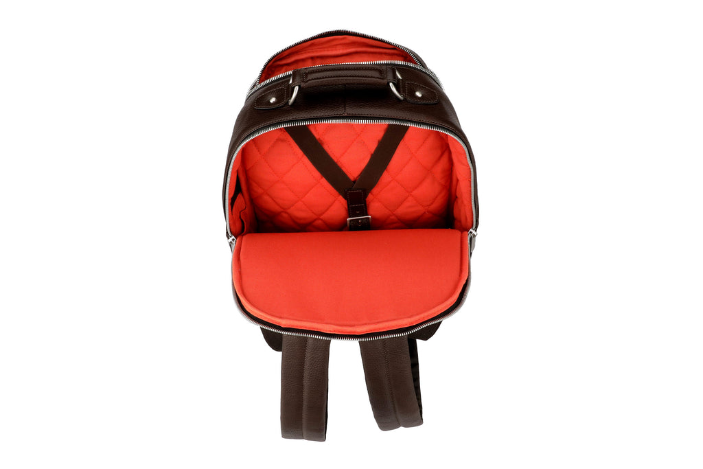 Back view of Rudyard Tumbled Saddle Leather Globe Trotter Backpack - Chocolate with all pockets open featuring Signature Orange Cotton Twill Lining