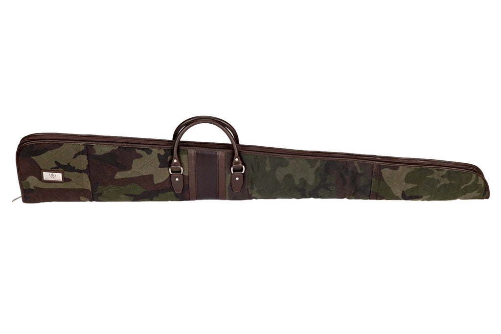 Field Waxed Cotton Sweet 16 Case - Green Camo with Tumbled Saddle Leather Trim