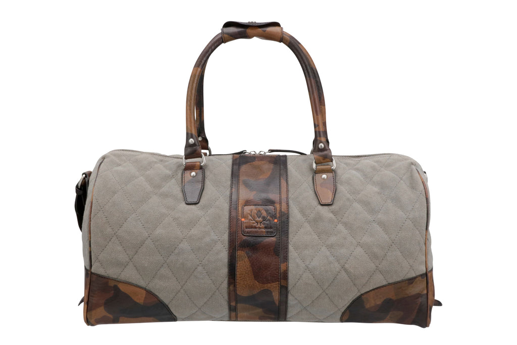 Front View of Woodland Quilted Oxford Canvas Duffel - Stone with Camo Saddle Leather Trim