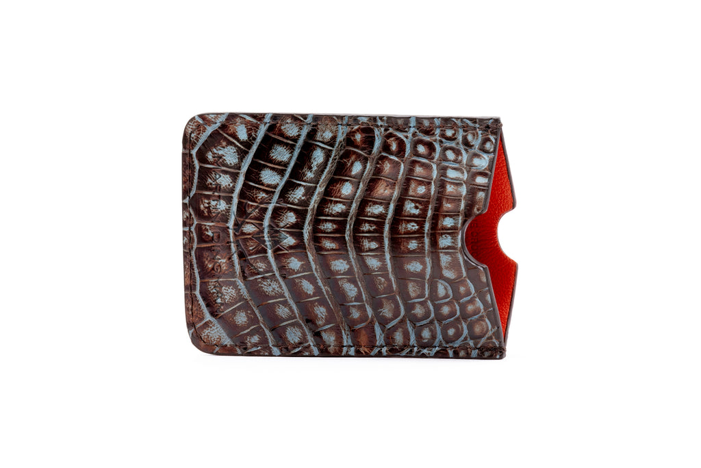 Jayden Genuine Crocodile Pull Tab Card Case - Brown/Blue
