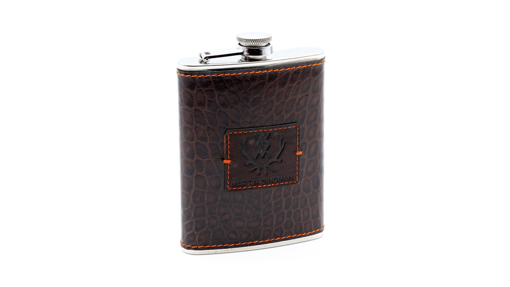 Lexington Stainless Steel Flask wrapped in Alligator Grain- Brown