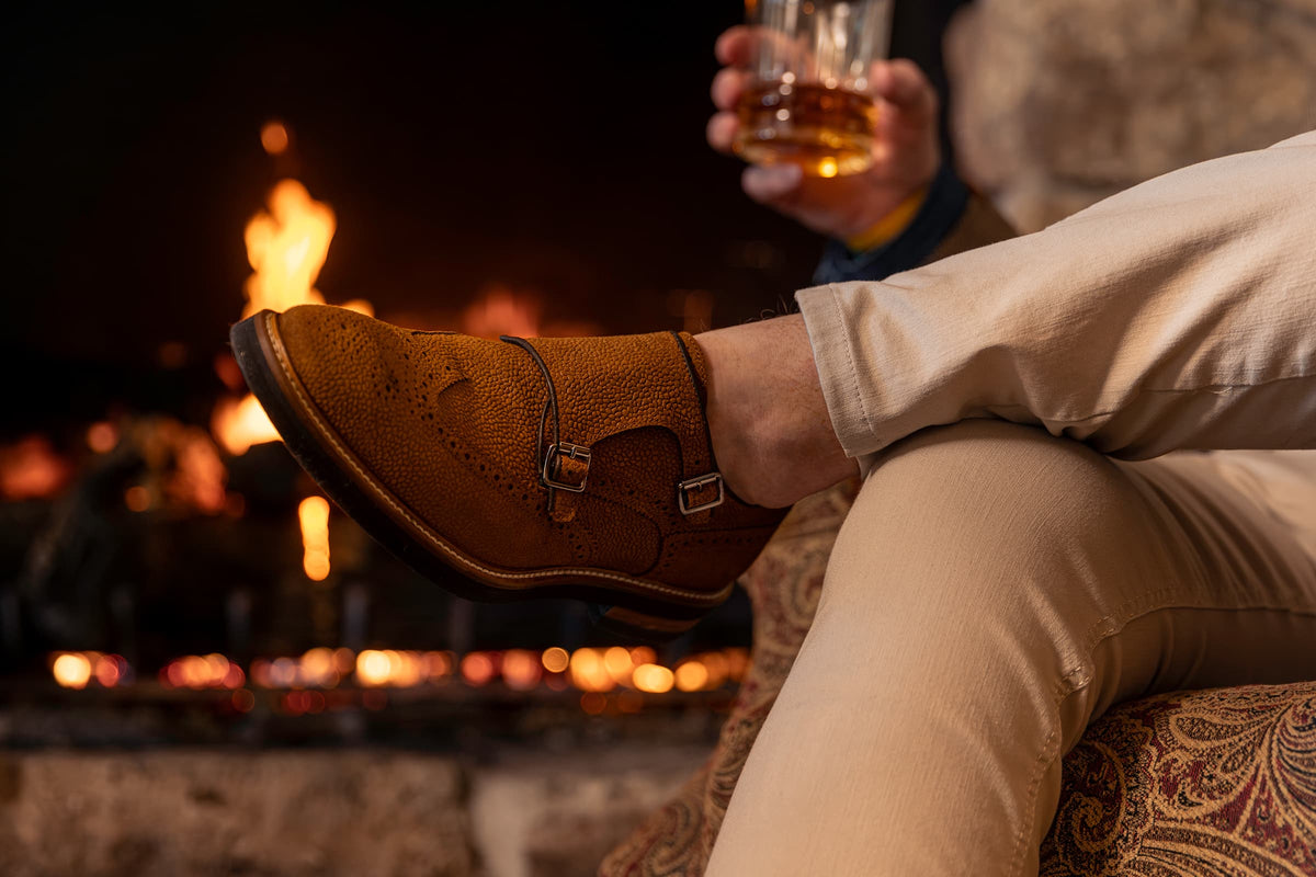 Tuscan Italian Calf Suede Double Monk - Tobacco | Martin Dingman