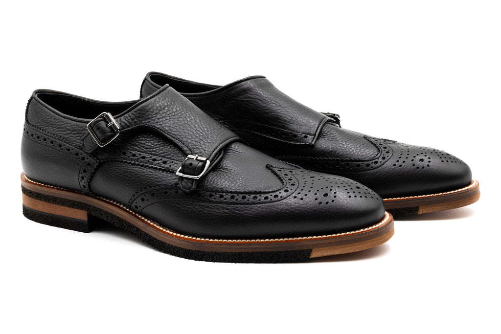 Tuscan Italian Pebble Grain Calf Leather Double Monk - Black