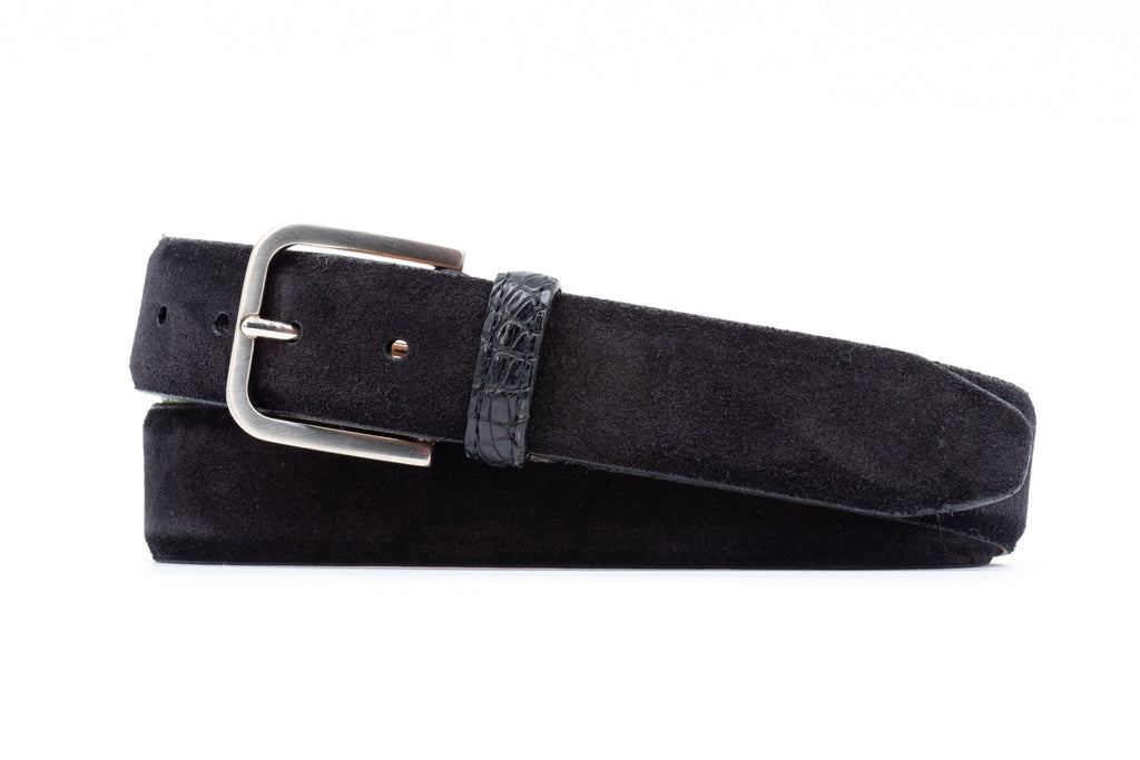 Hackett Italian Suede Leather Belt - Black with Genuine American Alligator Leather Keeper
