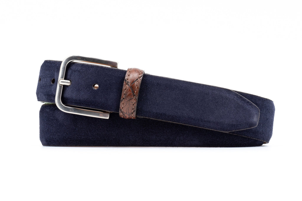 Hackett Italian Suede Leather Belt - Navy with Genuine American Alligator Leather Keeper