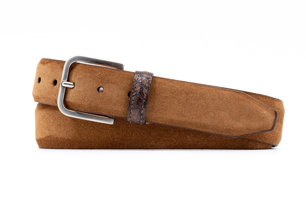 Hackett Italian Suede Leather Belt - Tobacco with Genuine American Alligator Leather Keeper