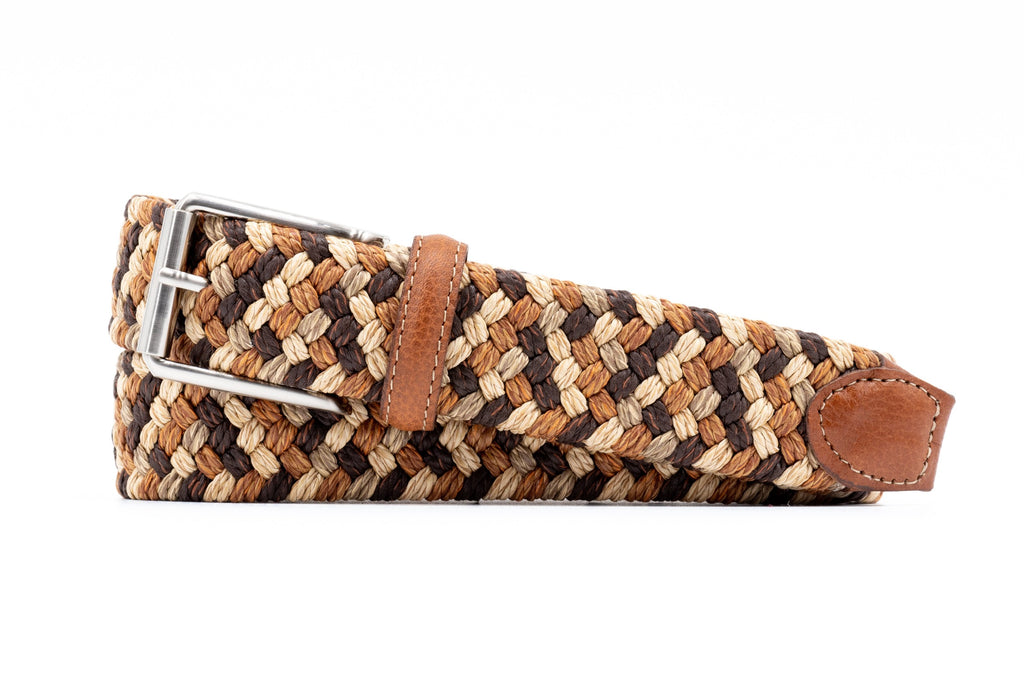 Como Braided Italian Linen and Elastic Belt - Tan Multi with Bridle Leather Trim