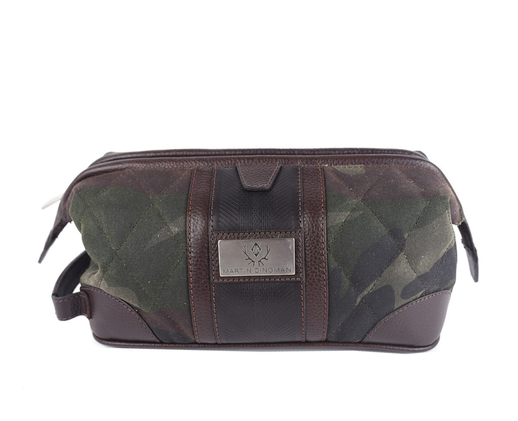 Field Quilted Waxed Cotton Shave Case - Green Camo with Tumbled Saddle Leather Trim