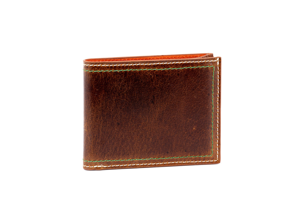 Bill Genuine Water Buffalo Billfold - Burnt Cedar with green and white exterior stitching 