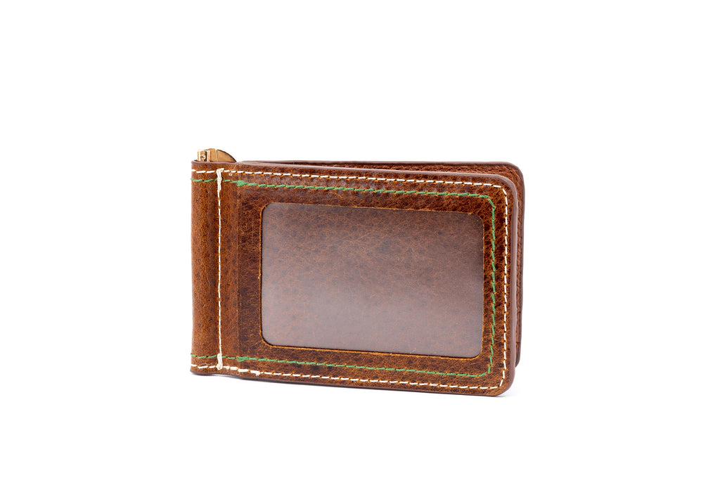 Bill Genuine Water Buffalo Credit Card Money Clip - Burnt Cedar with green and white exterior stitching and ID window