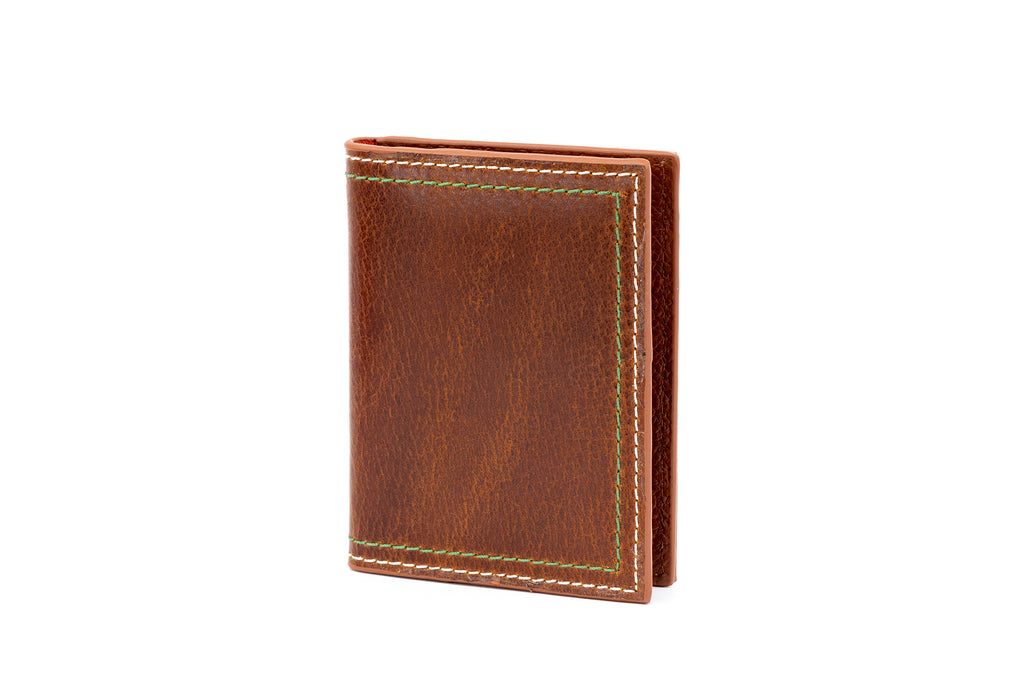 Bill Genuine Water Buffalo ID Wallet - Burnt Cedar with green and white exterior stitching