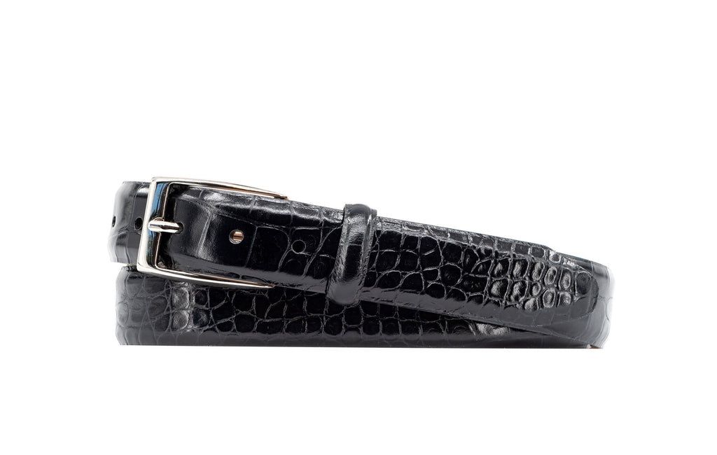 Anthony 2 Buckle Hand Finished Alligator Grain Italian Calf Leather Belt - Black with Polished Silver Finish Buckle