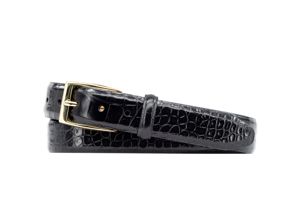 Anthony 2 Buckle Hand Finished Alligator Grain Italian Calf Leather Belt - Black with Polished Brass Finished Buckle