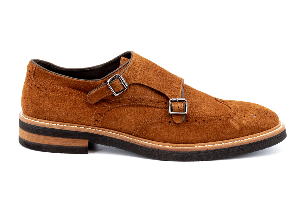 Tuscan Italian Calf Suede Leather Double Buckle Wingtip - Tobacco - Side